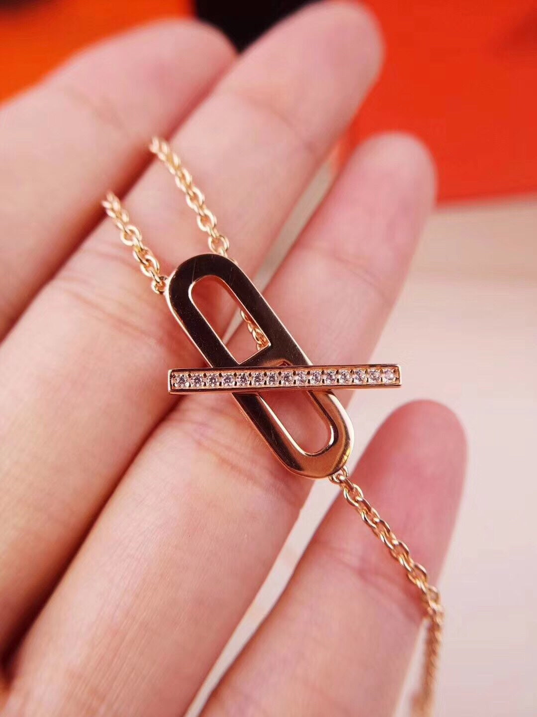 HERMES HM NECKLACE PLATINUM ROSE GOLD DIAMOND